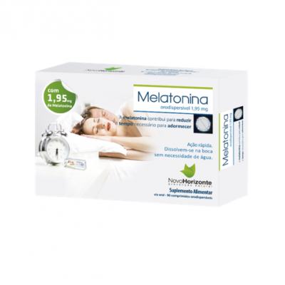 Embalagem de suplemento Melatonina orodispersível Novo Horizonte com imagem de pessoa a dormir e despertador