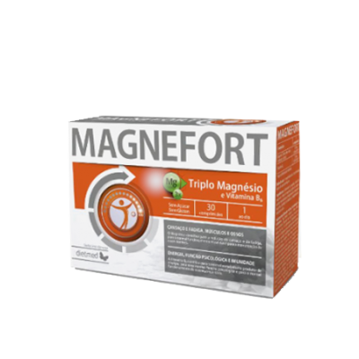 Embalagem de suplemento MAGNEFORT Triplo Magnésio e Vitamina B6 com 30 comprimidos