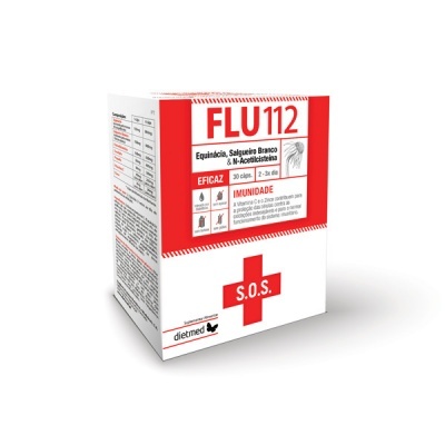 Caixa de suplemento FLU112 branca e vermelha com selo S.O.S. e texto sobre composição e uso