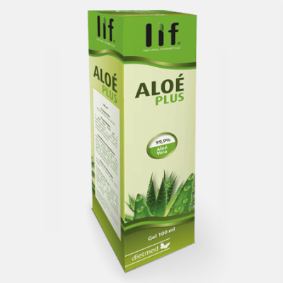 Embalagem de gel Aloé Plus com imagem de aloé vera e texto em verde e branco