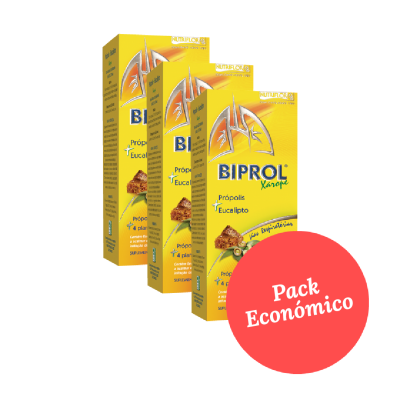 Três caixas amarelas do xarope BIPROL com própolis e eucalipto com etiqueta vermelha 'Pack Económico'.