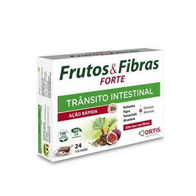 Caixa branca de Frutos & Fibras FORTE para trânsito intestinal com textos em verde, vermelho e preto e imagens de frutos.