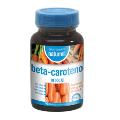 Frasco de suplemento beta-caroteno Naturmil com tampa azul e imagem de cenouras no rótulo