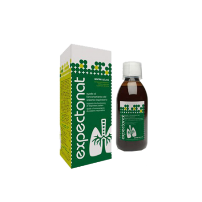 Frasco e caixa de xarope Expectorant verde e branco com ilustração de pulmões