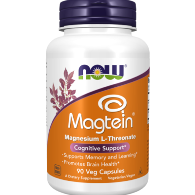 Frasco de suplemento Magtein Magnesium L-Threonate com rótulo laranja e tampa roxa