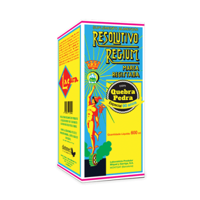 Caixa de suplemento alimentar Resolutivo Regium amarela e azul com texto e ilustrações