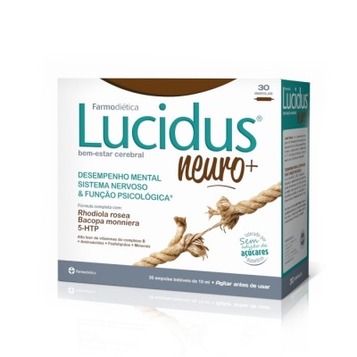 Embalagem branca com texto verde e castanho de suplemento Lucidus Neuro+ da Farmodiética.
