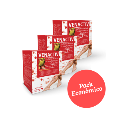 Pack Económico com três caixas de VENACTIV, suplemento com Castanha da Índia, Videira Vermelha e Gota Kola.