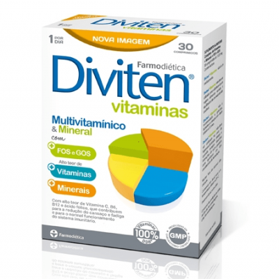 Embalagem de comprimidos Diviten multivitamínico e mineral branca com gráfico colorido