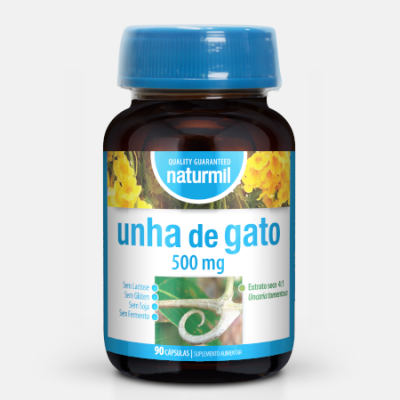 Frasco de suplemento Naturalmil unha de gato 500 mg com tampa azul