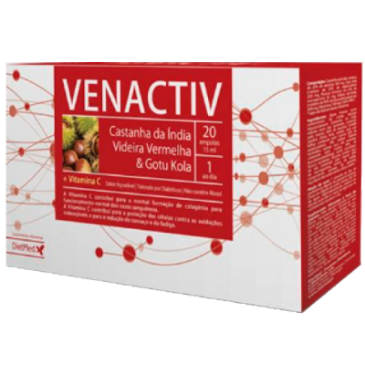 Embalagem de suplemento VENACTIV com ingredientes naturais e design branco e vermelho