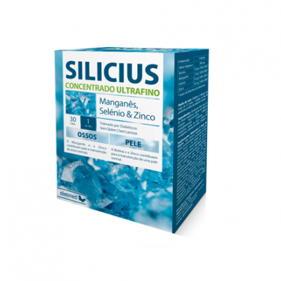 Embalagem azul e branca de suplemento Silicius Concentrado Ultrafino para ossos e pele