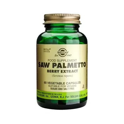 Frasco verde de suplemento Saw Palmetto Berry Extract da Solgar com cápsulas vegetais