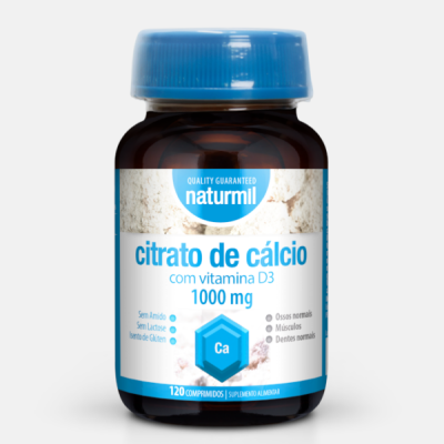 Frasco de comprimidos de citrato de cálcio com vitamina D3 naturmil