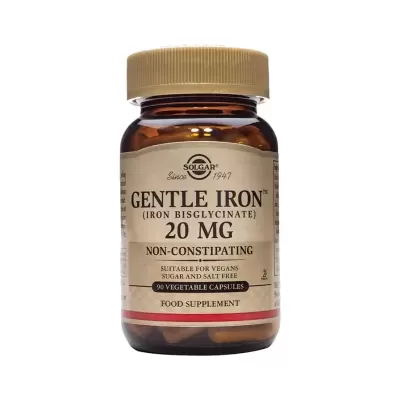 frasco de suplemento alimentar Solgar Gentle Iron 20 mg com tampa dourada