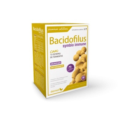 Embalagem de suplemento Bacidoflus symbio immune amarela e branca.