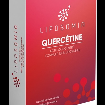 Caixa de suplemento Liposomia Quercétine com fundo rosa e vermelho e texto branco