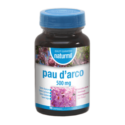 Frasco suplemento pau d'arco Naturmil com tampa azul e rótulo com flores lilases