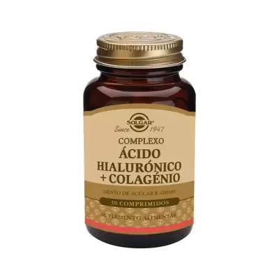 Frasco de suplemento Solgar Ácido Hialurónico e Colagénio