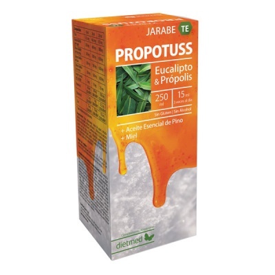 Embalagem laranja e branca de xarope Propotuss com texto sobre ingredientes e características