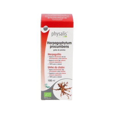 Caixa de gotas de plantas Physalis Harpagophytum procumbens 100 ml com embalagem vermelha e branca