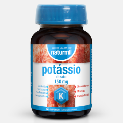 Frasco de suplemento alimentar de potássio citrato 150 mg da naturmil com tampa azul