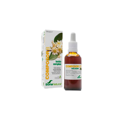 Frasco âmbar com conta-gotas e embalagem de cartão branca com flores e texto COMPOSOR 03 heliodol complex