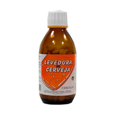 Frasco de vidro castanho com rótulo Levedura de Cerveja