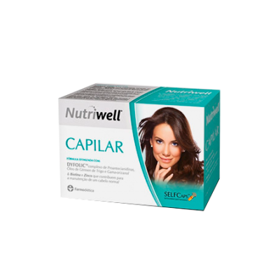 Caixa do suplemento Nutriwell Capilar com imagem de mulher e texto informativo