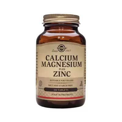 Frasco castanho com suplemento alimentar Solgar CALCIUM MAGNESIUM PLUS ZINC