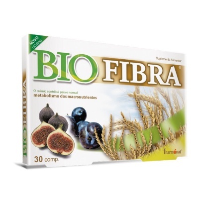 Caixa branca do suplemento BIO FIBRA com frutas e espigas de trigo
