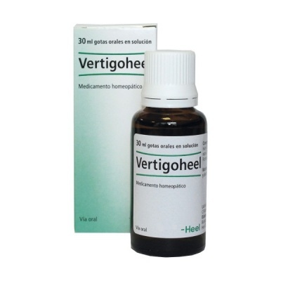 Garrafa de medicamento homeopático Vertigoheel com embalagem