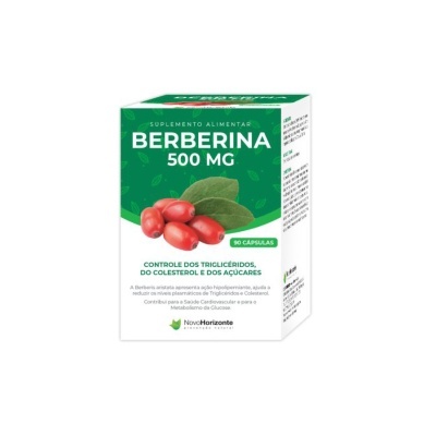 Caixa do suplemento Berberina 500 mg com frutos vermelhos e folhas verdes