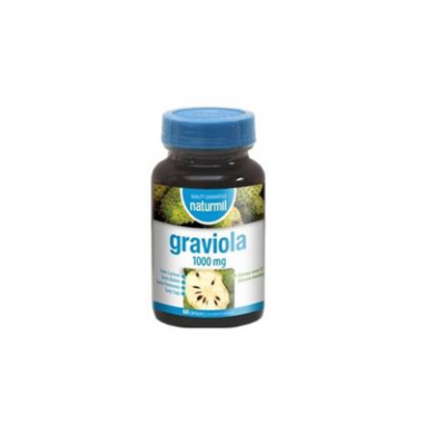 frasco de suplemento alimentar Naturmil gravíola 1000 mg com tampa azul e rótulo branco