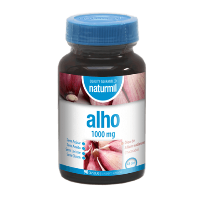 Frasco de suplemento alimentar Naturmil alho 1000 mg com tampa azul e rótulo branco e azul