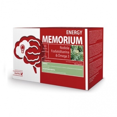 Embalagem do suplemento ENERGY MEMORIUM em vermelho e branco com ilustração de cérebro