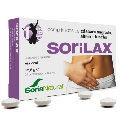 Embalagem de comprimidos SoriLAX com 24 unidades e imagem de uma pessoa a tocar o abdómen