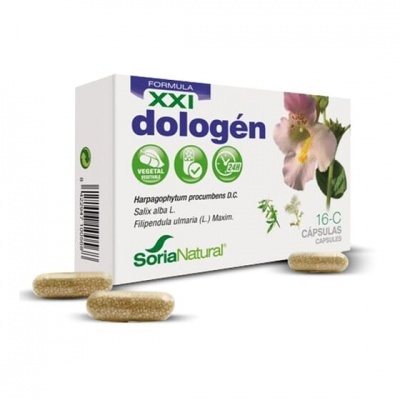 Embalagem branca de cápsulas dologén com flores e texto em português.