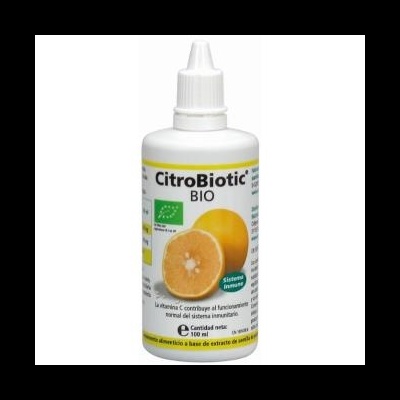 Frasco branco com tampa conta-gotas e rótulo com limão amarelo e texto CitroBiotic BIO