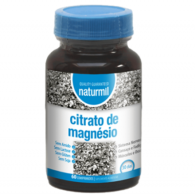 Frasco de suplemento de citrato de magnésio Naturmil com rótulo branco e azul e tampa azul.