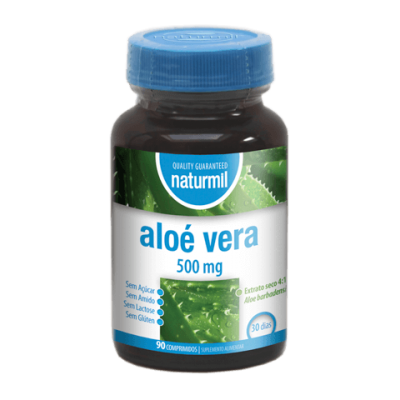 Frasco Naturmil de aloé vera 500 mg com tampa azul e rótulo branco e azul