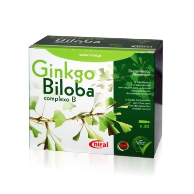 Caixa de suplemento alimentar Ginkgo Biloba complexo B da Niral com folhas verdes na embalagem.