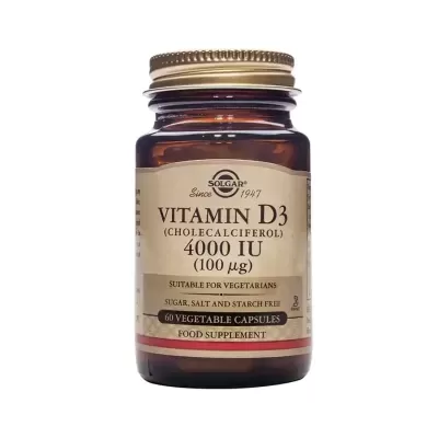 frasco de vidro castanho com cápsulas de vitamina D3 Solgar