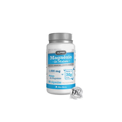 Frasco branco de suplemento Magnésio Di Malato com tampa cinza e rótulo azul e branco