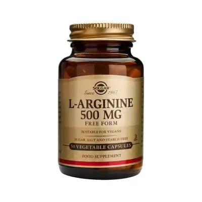 Frasco de suplemento alimentar L-ARGININE 500 MG da Solgar