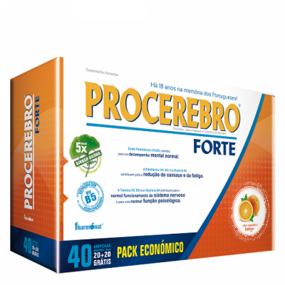 Embalagem de suplemento PROCEREBRO FORTE com 40 ampolas e design branco, azul e laranja