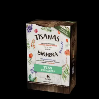 Caixa de tisanas Biohera com design floral e texto em português