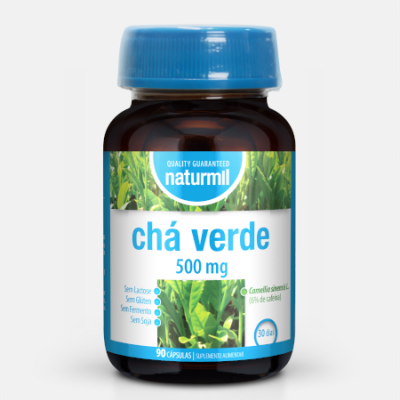 Frasco de suplemento chá verde 500 mg com rótulo azul e verde