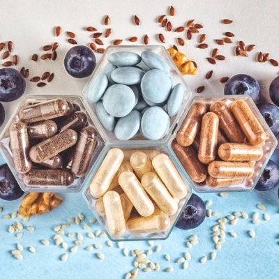 Potes hexagonais com cápsulas e comprimidos, mirtilos, sementes e granola