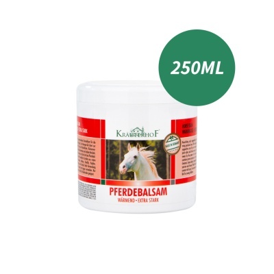 Frasco branco de creme Pferdebalsam com etiqueta vermelha e imagem de cavalo